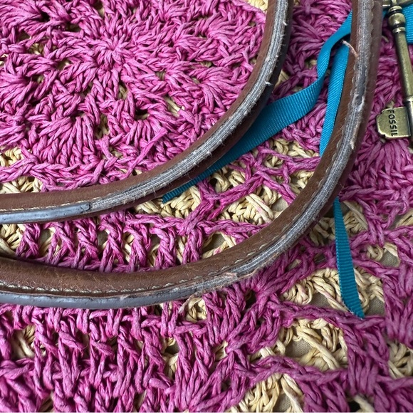 Fossil Long Live Vintage Raffia Straw Tote Bag Purse Leather Boho Beach Vacation - Picture 5 of 13